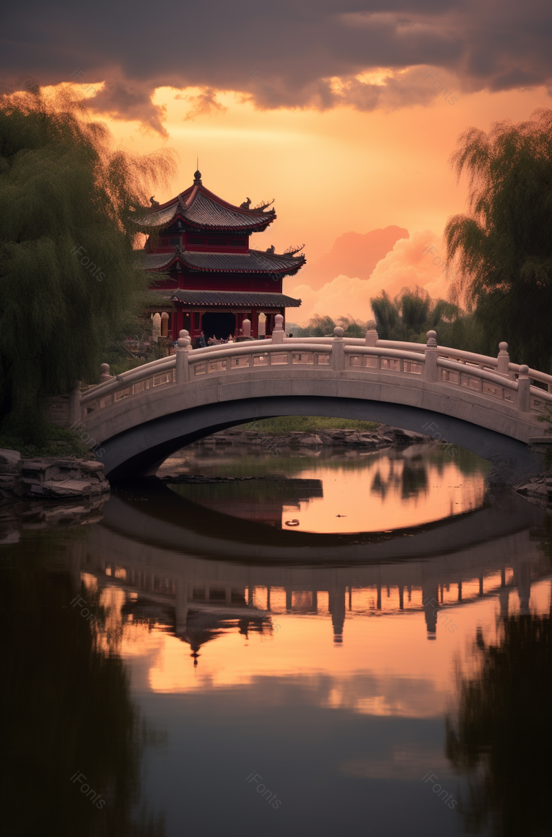 霞光垂柳江南拱桥古建湿地湖面,高清,摄影图,摄影图片,图片大全,摄影图免费下载